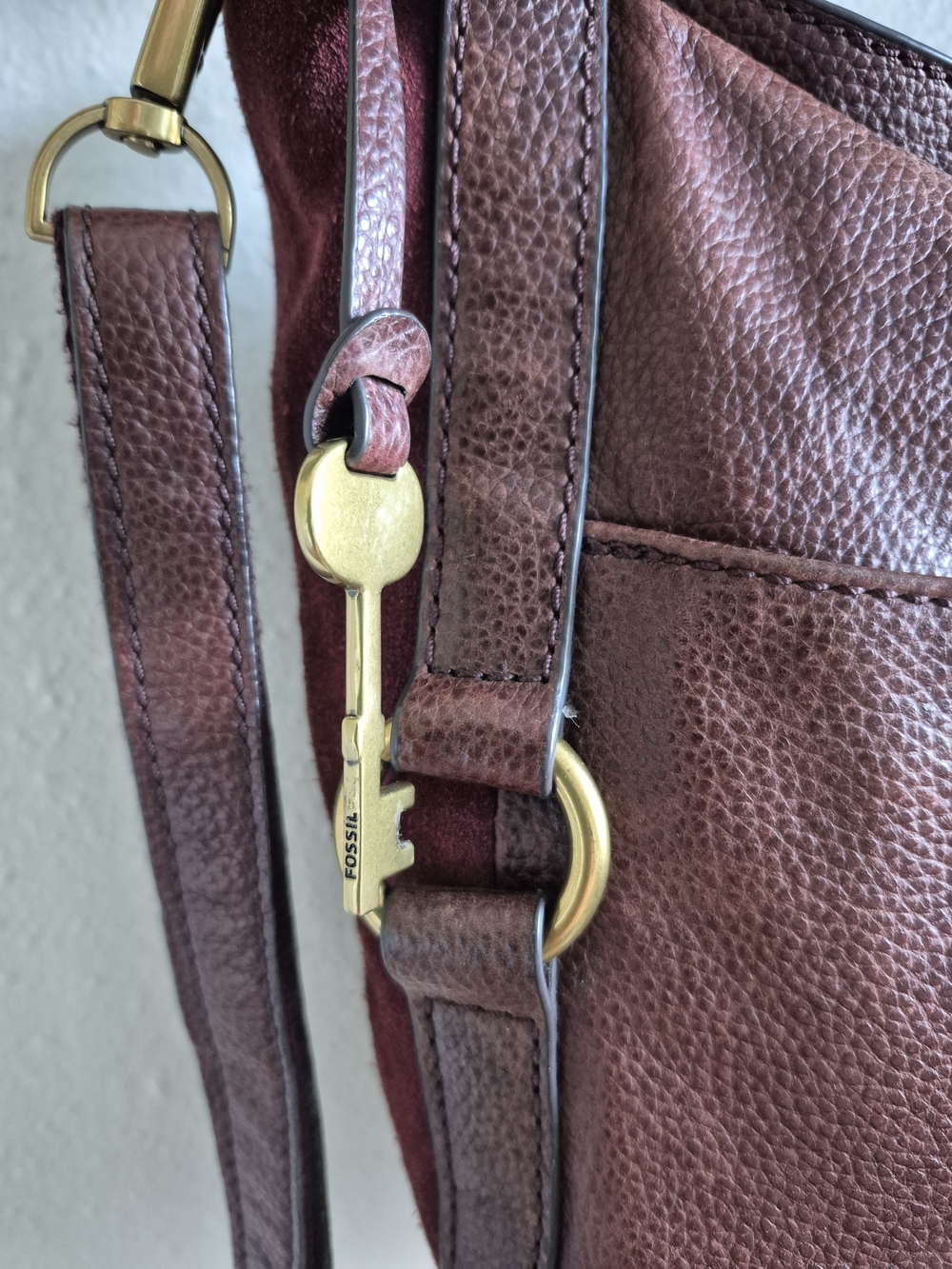 Fossil Sam Claret Red Burgundy Leather Suede Sides Shoulder Bag Crossbody - Picture 4 of 12